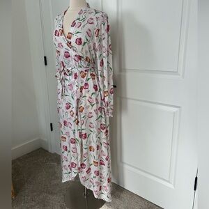 $595 By TiMo size XL US 10 M Tulip Print Shiny Wrap Maxi Dress byTiMo Pockets